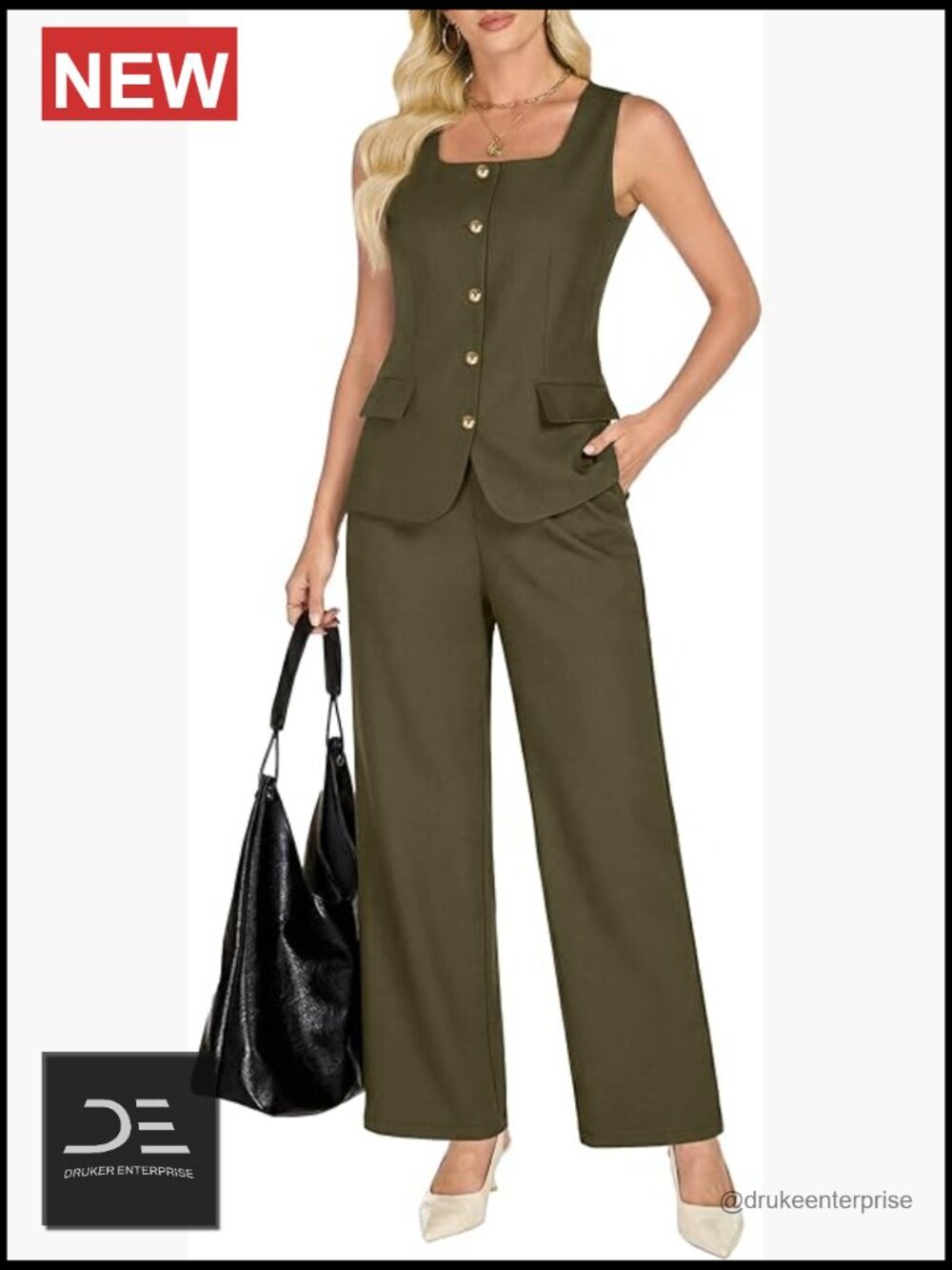 Dressy 2 Piece Sleeveless Blazer Vest Wide Leg Pantsuit Set Business Casual